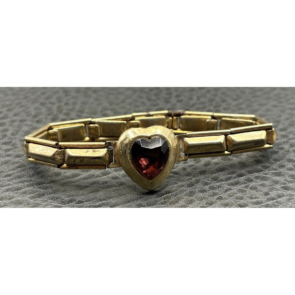 Vintage Estate Purple Heart Cabochon Link Stretch Bracelet Gold Tone